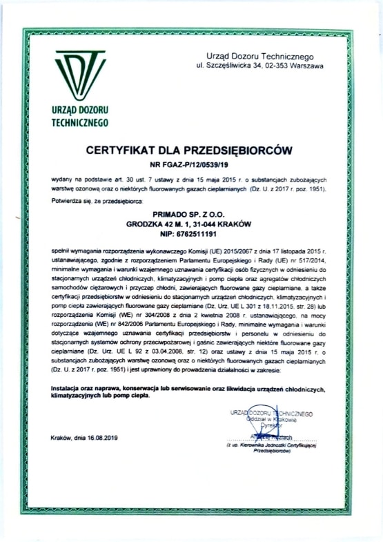 certyfikat dla Primado uprawnień